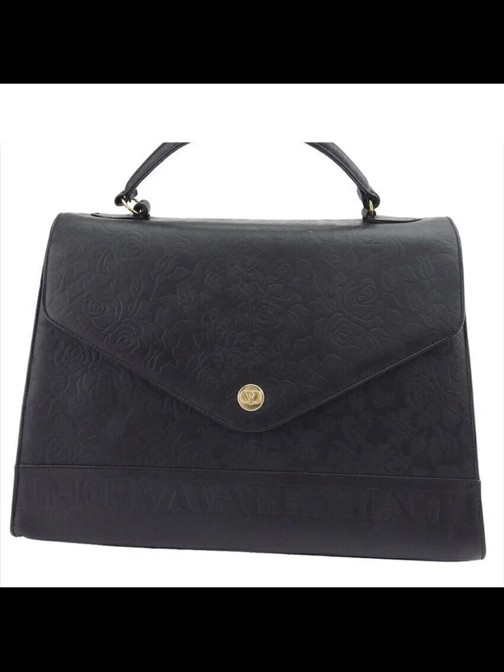 Valentino Garavani Black Embossed Floral Top-Handle Satchel with Gold Accent